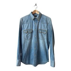 Lucky Brand Distressed Floral Embroidered Denim Western Long Shirt Womens Medium